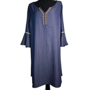 NAIF Denim Like Pullover V-Neck Blue Dress w Flounce 3/4 Sleeves sz XL